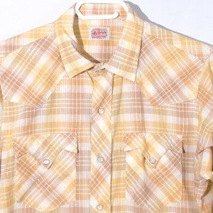 Vintage Westerner Men's Pearl Snap 15x33 Gold Plaid Cotton Poly DoublePoint Yoke